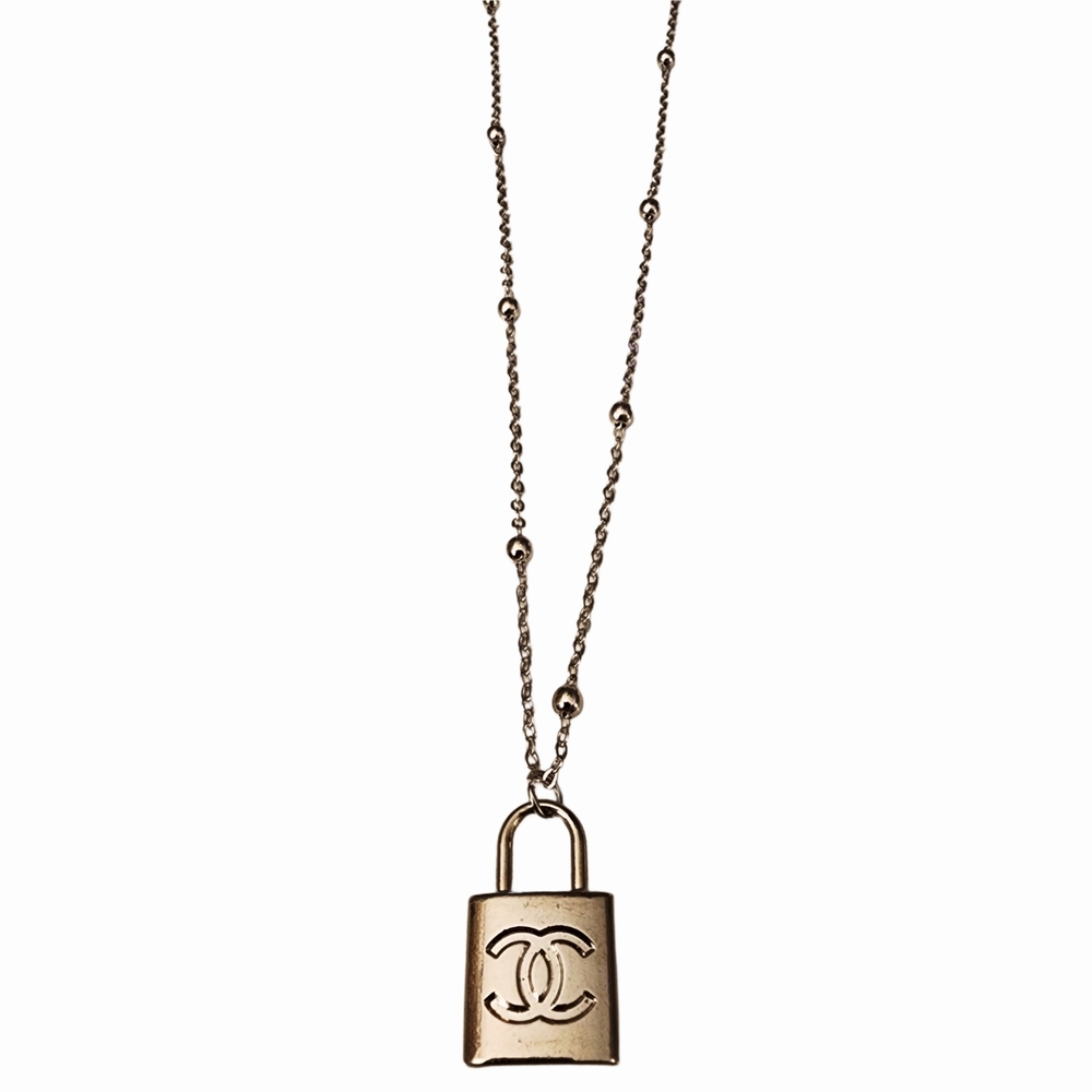 Designer Lock Charm On 18K White GF Satelite Chain Necklace